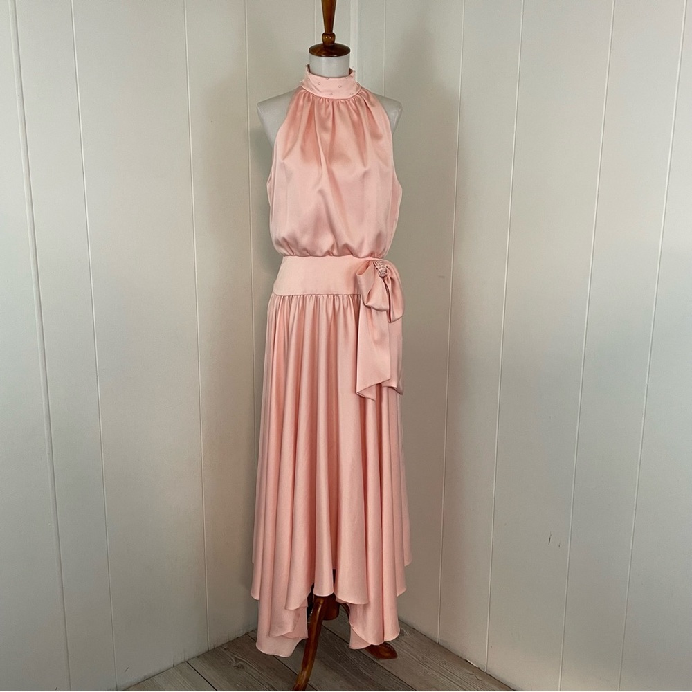 Vintage Beaded Mock Neck Sleeveless Bow Asymmetrical Midi Dress